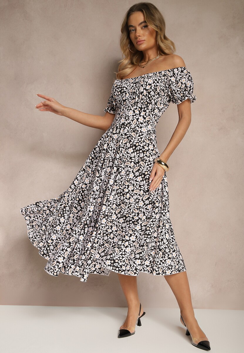 Czerwona Rozkloszowana Sukienka w Kwiatowy Print z Bawełną i Dekoltem Łódką z Bufkami Saniren