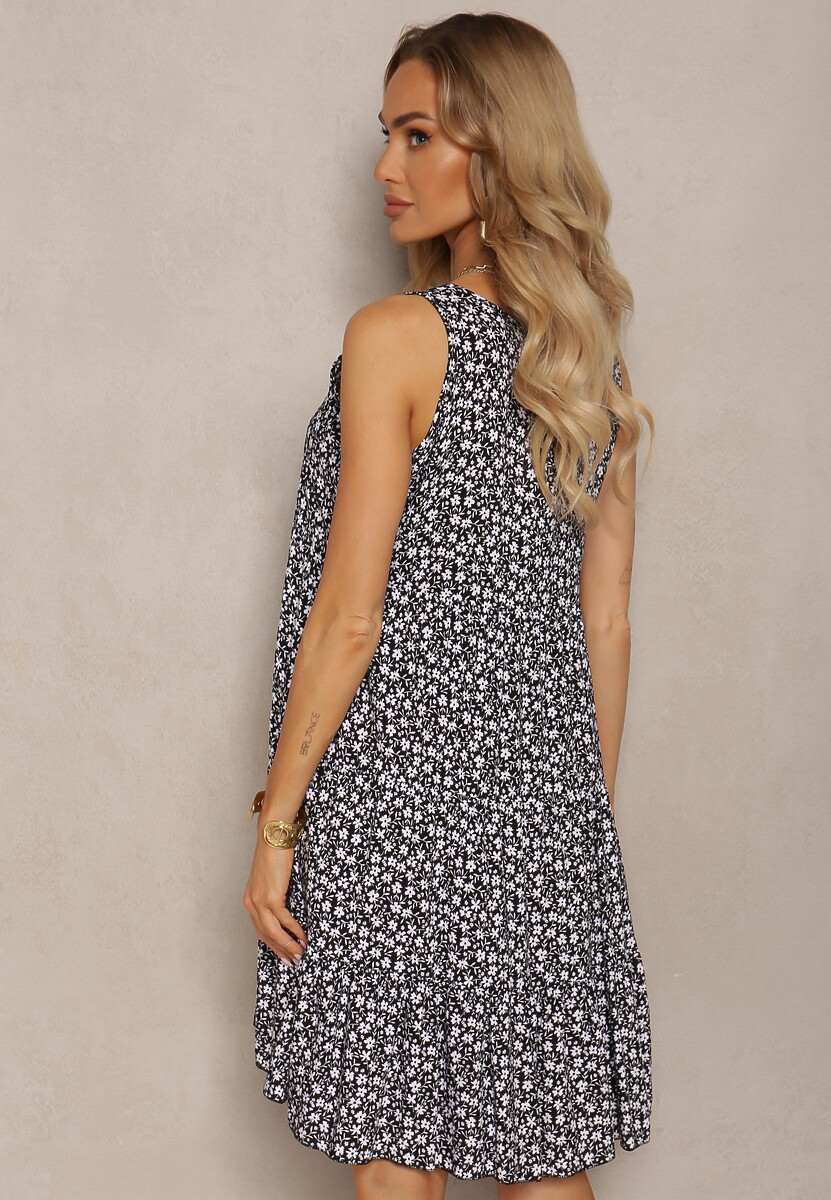 Czarno-Biała Kwiecista Sukienka z Bawełny na Szerokich Ramiączkach Rissaga