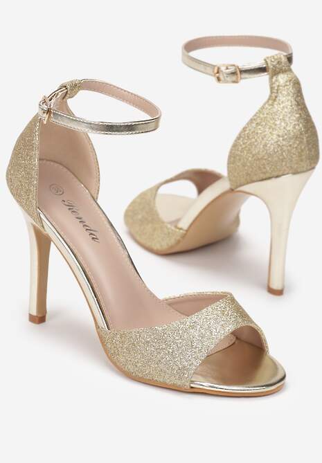 Złote Brokatowe Sandały Vices na Szpilce z Okrągłym Noskiem Katoria