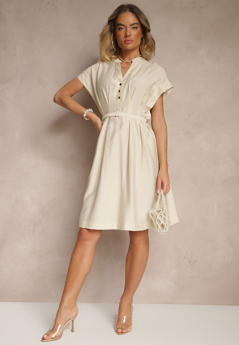 Beżowa Rozkloszowana Sukienka z Wiskozy z Paskiem Zapinana na Napy Seporine