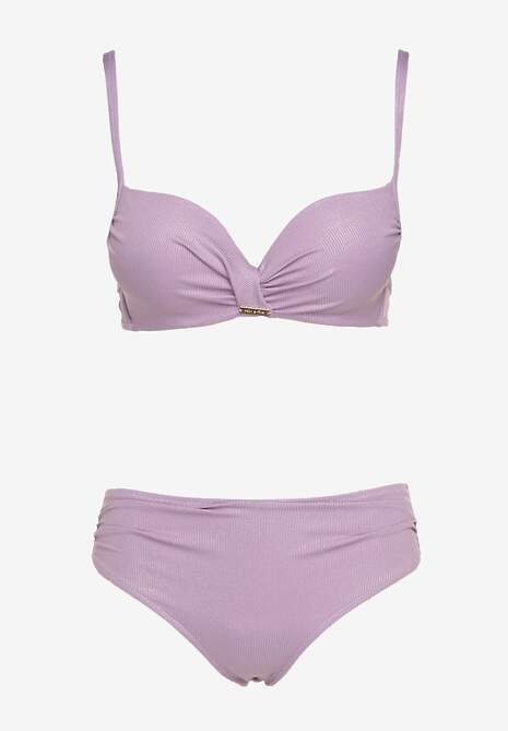 Fioletowe Bikini Majtki Typu Figi i Biustonosz z Usztywnianymi Miseczkami oraz Marszczeniem Jonbia