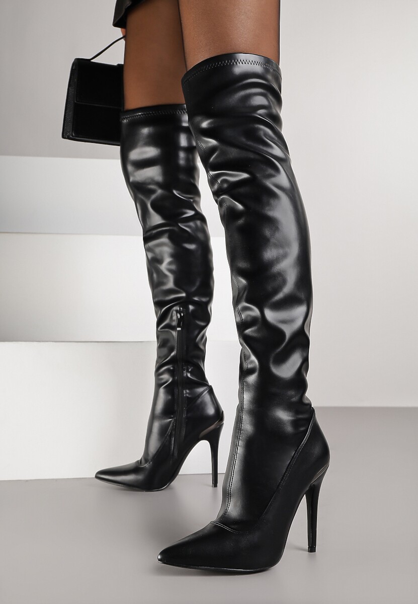 Czarne Kozaki Vices na Szpilce z Dopasowaną Cholewką za Kolano Tadvira