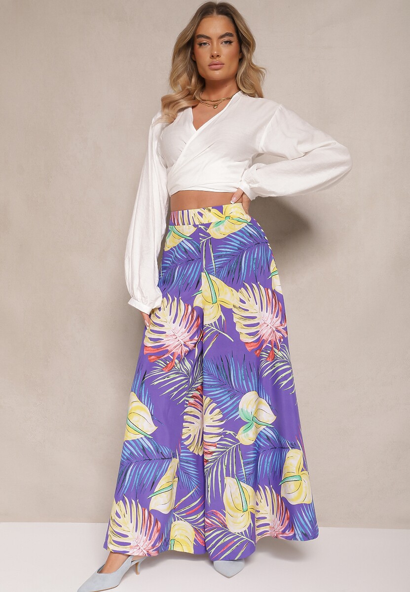 Niebieskie Spodnie z Wiskozy High Waist o Szerokim Kroju z Motywem Liści Senevira