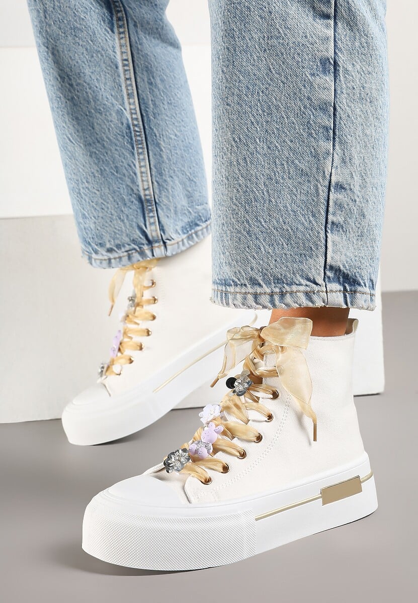 Beżowe Trampki na Platformie z Wysoką Cholewką Ozdobione Cyrkoniami Fenvisa