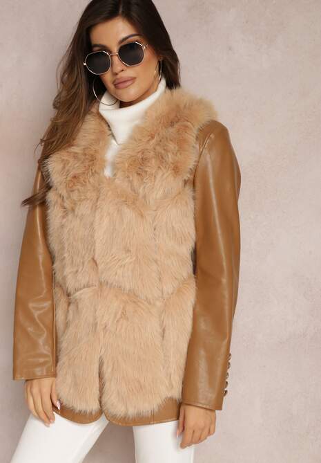 Beżowa Futrzana Kamizelka z Wstawkami z Ekoskóry Lewja