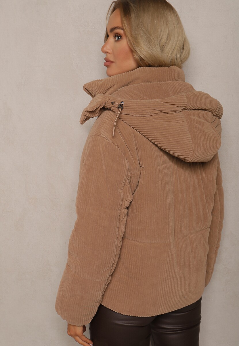 Brązowa Puchowa Kurtka Sztruksowa z Kapturem z Możliwością Odpięcia Sinrielle