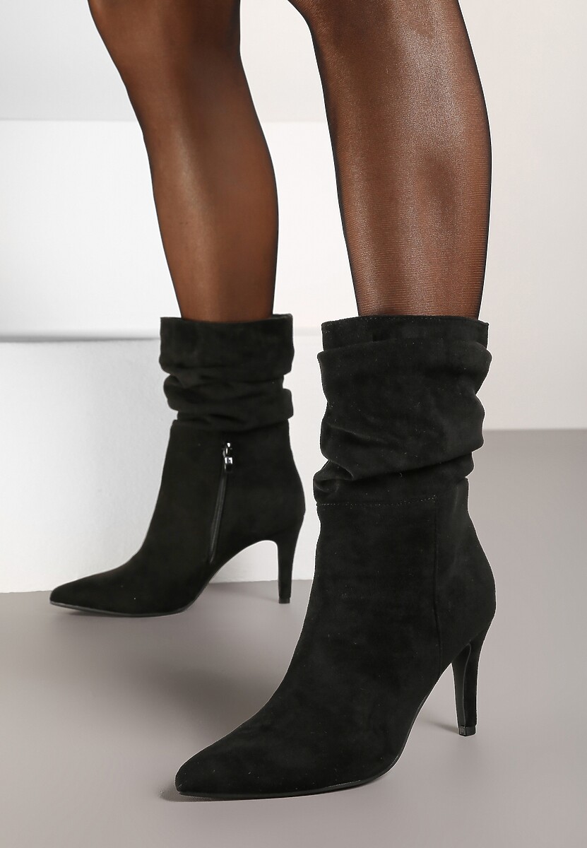 Czarne Botki na Szpilce z Marszczeniem Emiliye