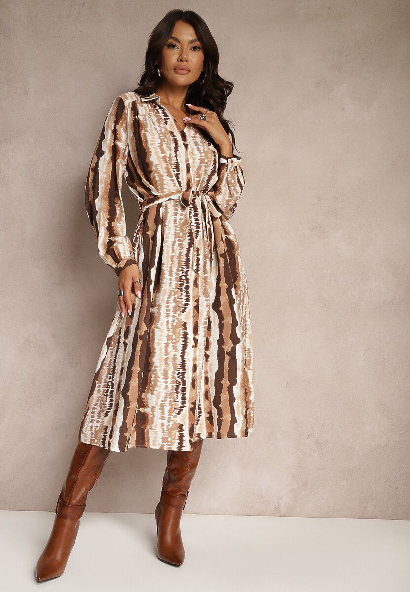 Brązowa Koszulowa Sukienka z Wiskozy Ozdobiona Materiałowym Paskiem Elliorwen