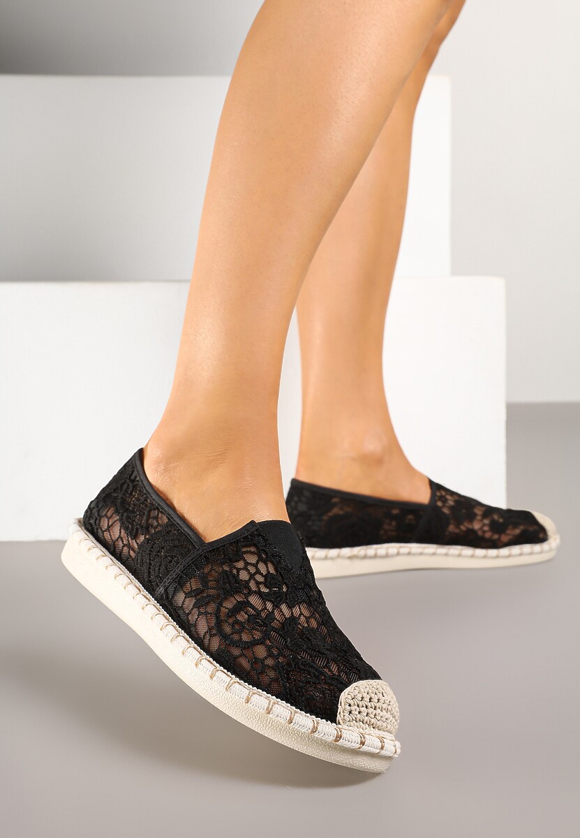 Czarne Espadryle z Plecionką i Koronką Merarilia