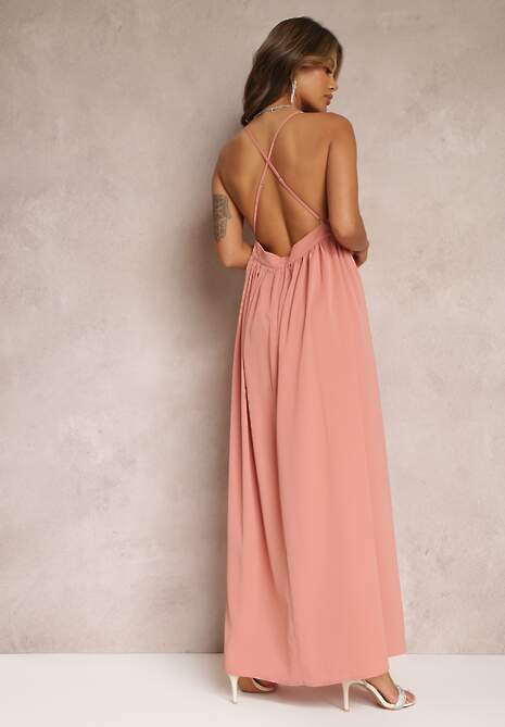 Różowa Rozkloszowana Sukienka Maxi na Ramiączkach z Trójkątnym Dekoltem Claudi