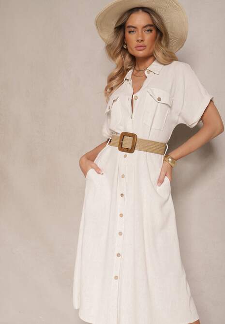 Beżowa Sukienka z Lnu i Wiskozy o Koszulowym Kroju z Paskiem z Klamrą Eladlena