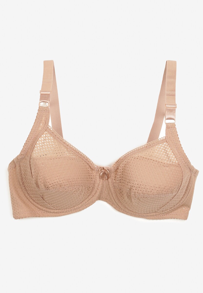 Ciemnobeżowy Biustonosz z Ażurowym Wzorem na Ramiączkach z Regulacją i Haftkami Dimirria