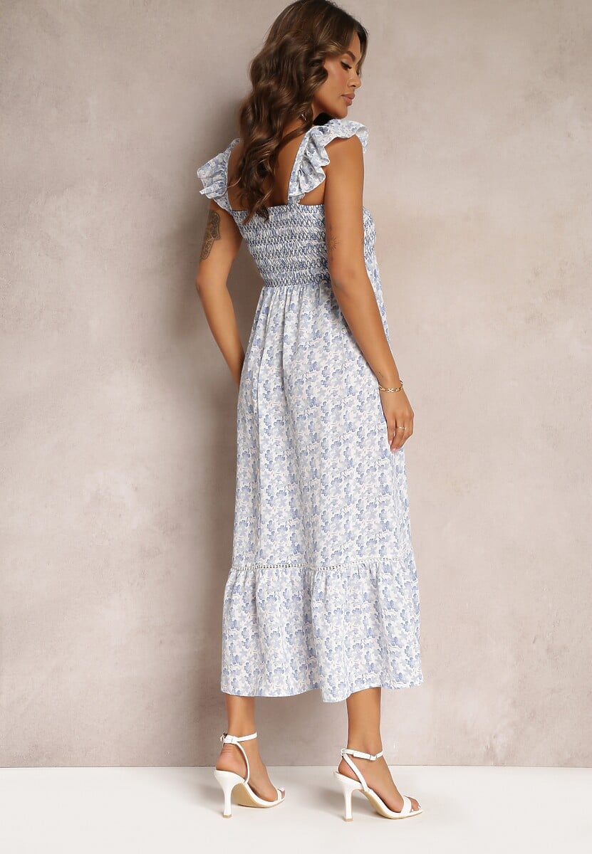 Niebieska Maxi Sukienka Rozkloszowana na Ramiączkach z Falbankami Azah