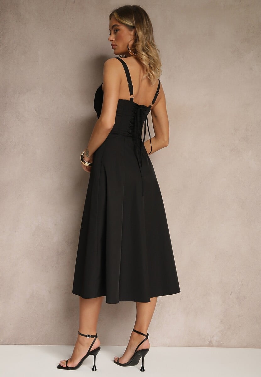 Czarna Koktajlowa Sukienka Gorsetowa Vices z Rozkloszowanym Dołem Kolinnea