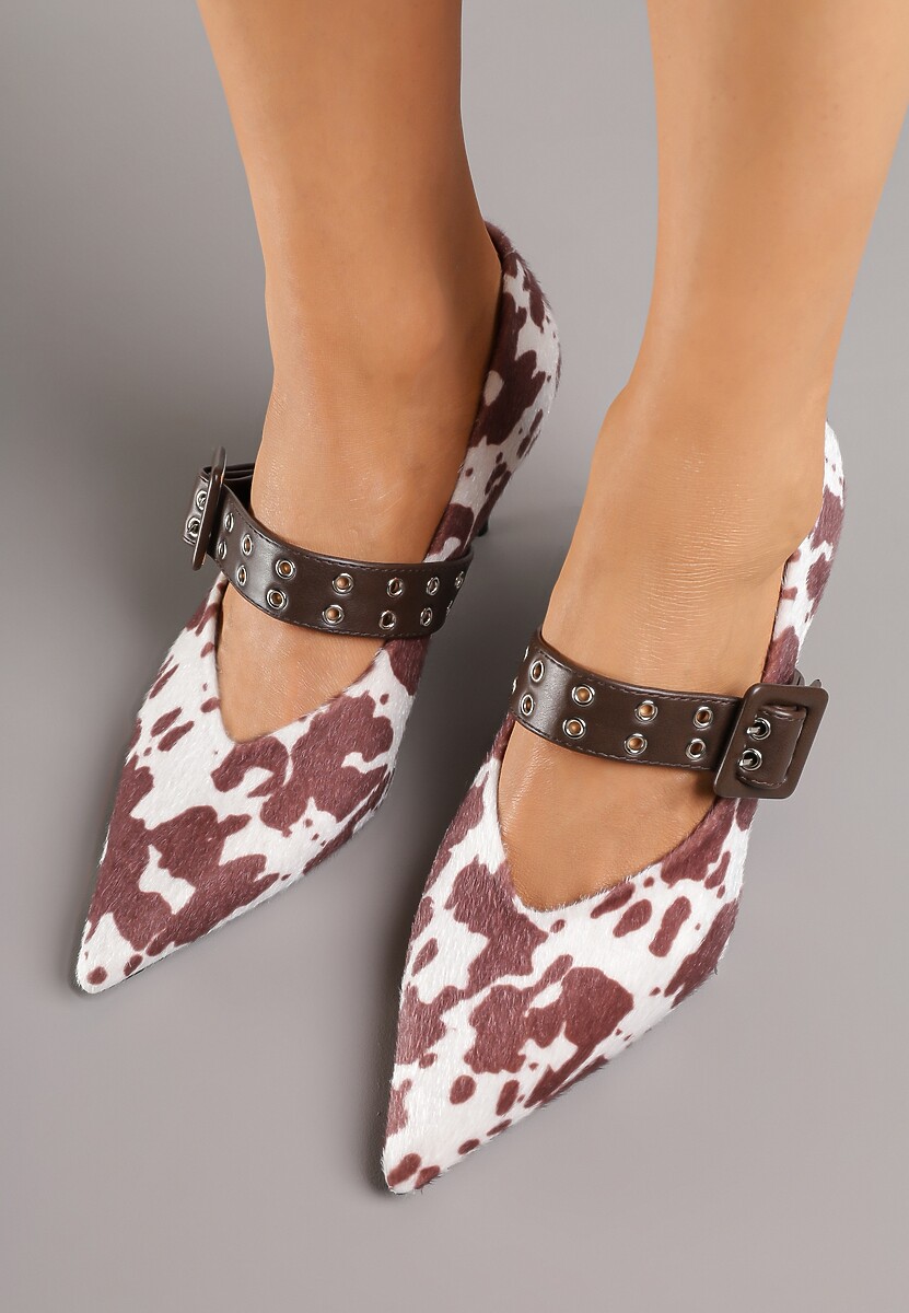 Brązowe Czółenka Vices w Krowie Łaty na Szpilce z Wkładką ze Skóry Naturalnej z Klamrą Nalisette Viralowe