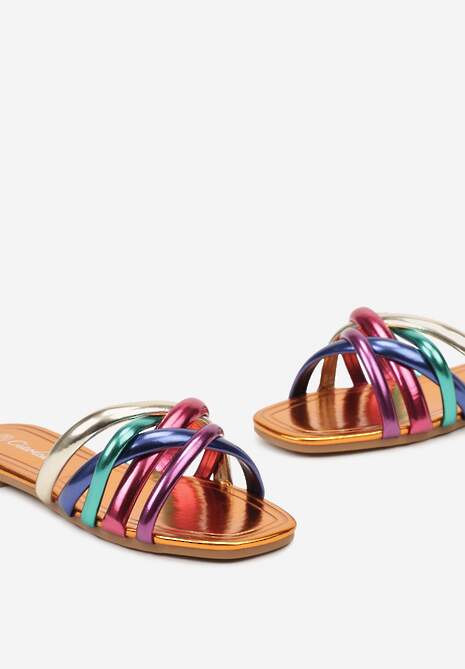 Pomarańczowe Płaskie Klapki Otwarte z Ozdobnymi Paskami Vemina