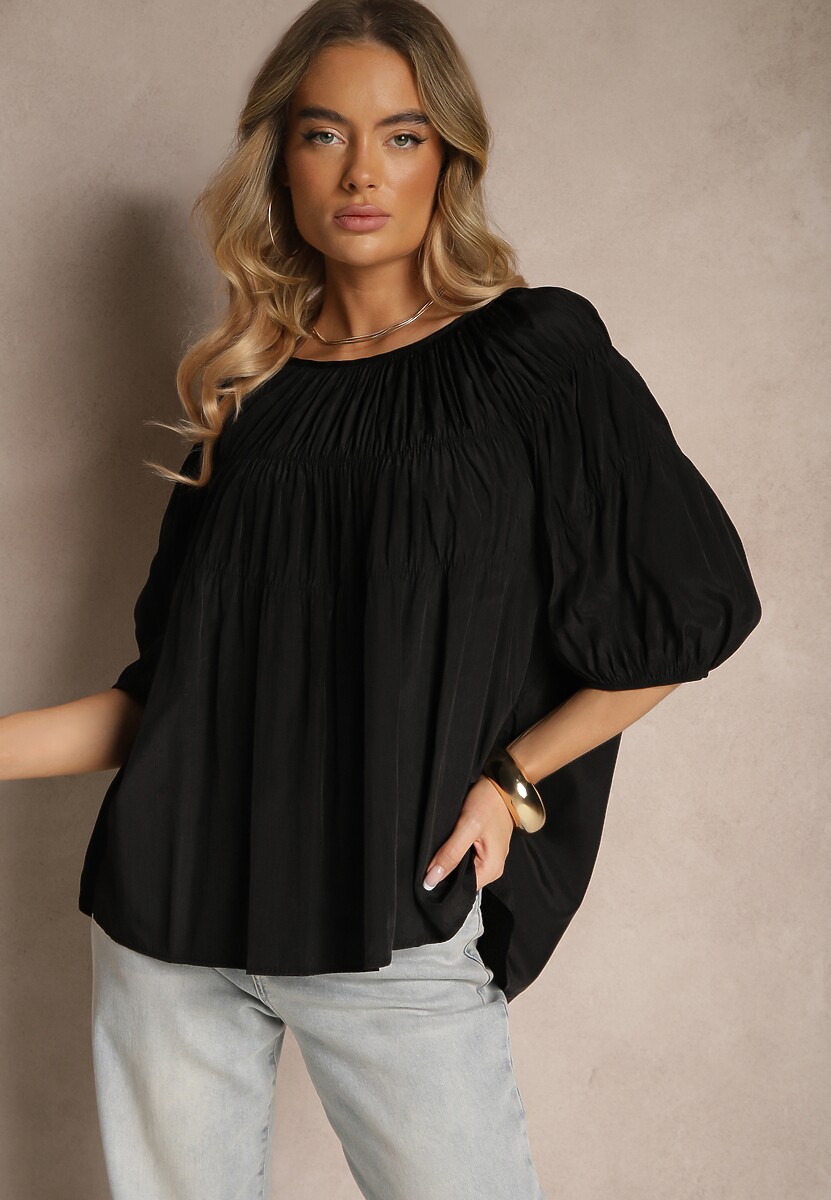 Czarna Bluzka z Wiskozą o Fasonie Oversize z Gumkami w Ramionach Alirona
