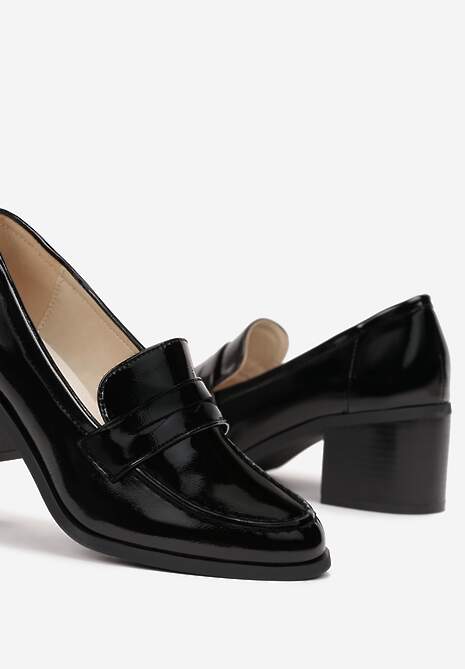 Czarne Mokasyny na Słupku z Lakierowaną Cholewką Eissa