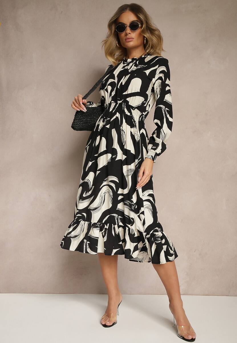 Czarna Sukienka z Bawełną i Abstrakcyjnym Wzorem Tersedi