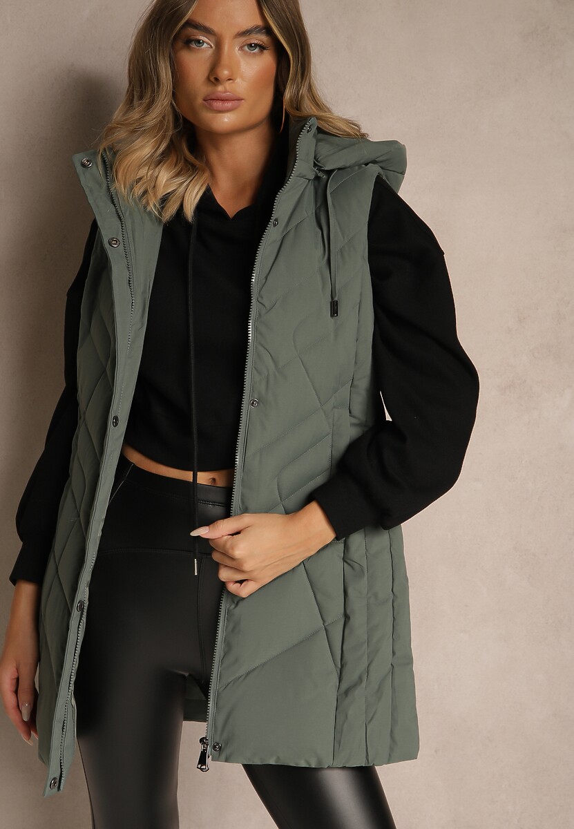 Ciemnobeżowa Pikowana Kamizelka o Taliowanym Kroju z Kapturem Tulonea