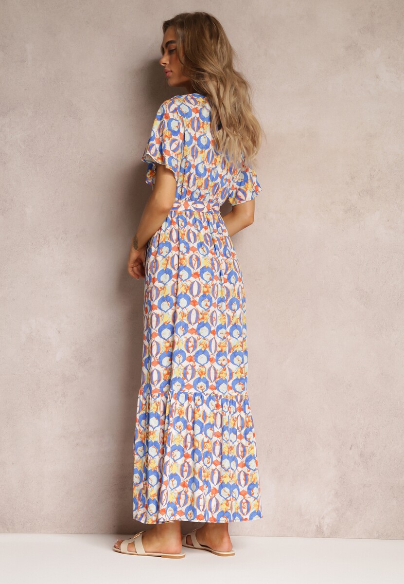 Niebieska Sukienka z Wiskozy i Kopertowym Dekoltem w Fantazyjny Print Abai