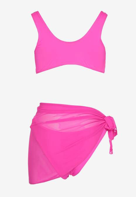 Różowe Bikini Majtki Figi Biustonosz z Broszką Kwiatu 3D i Siateczkowe Pareo Folissa