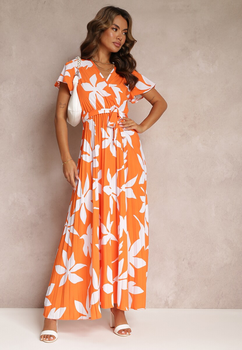 Pomarańczowa Wiskozowa Sukienka Maxi z Gumką w Talii i Plisowanym Dołem Martisa