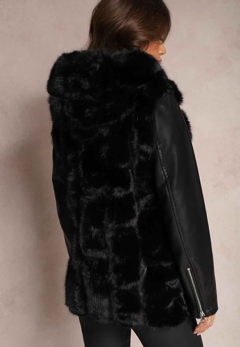 Czarna Futrzana Kamizelka z Kapturem Konessa