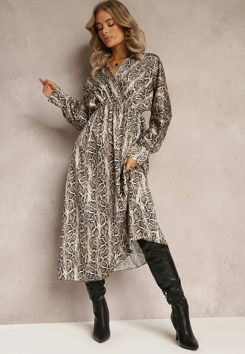 Jasnobeżowa Sukienka w Panterkę z Kopertowym Dekoltem Balme