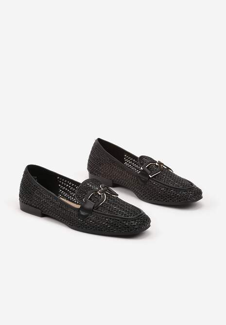 Czarne Płaskie Mokasyny z Plecioną Cholewką i Klamrą Aranelith