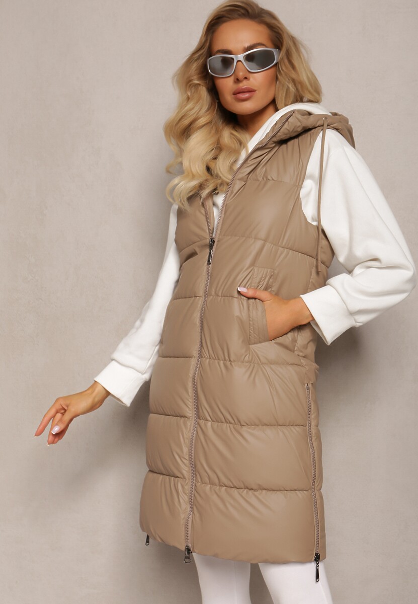 Beżowa Długa Kamizelka Pikowana z Nieodpinanym Kapturem Faelissa