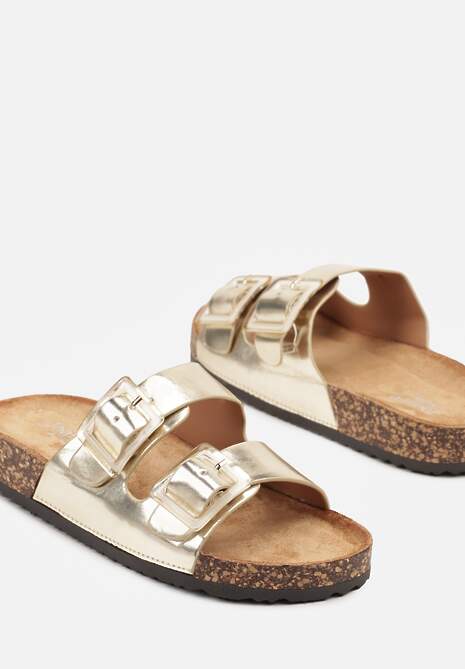 Złote Klapki na Korkowej Platformie z Klamrami Teloniel