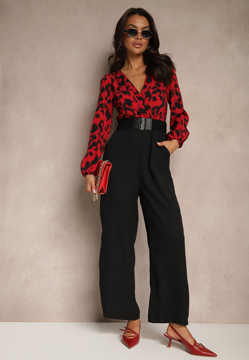 Czerwono-Czarny Kombinezon z Długimi Nogawkami i Kopertowym Dekoltem oraz Paskiem z Gumy Koretta