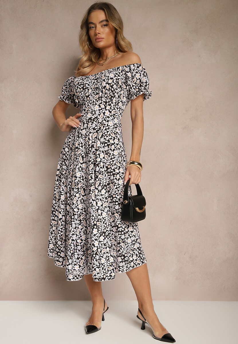 Czarna Rozkloszowana Sukienka w Kwiatowy Print z Bawełną i Dekoltem Łódką z Bufkami Saniren