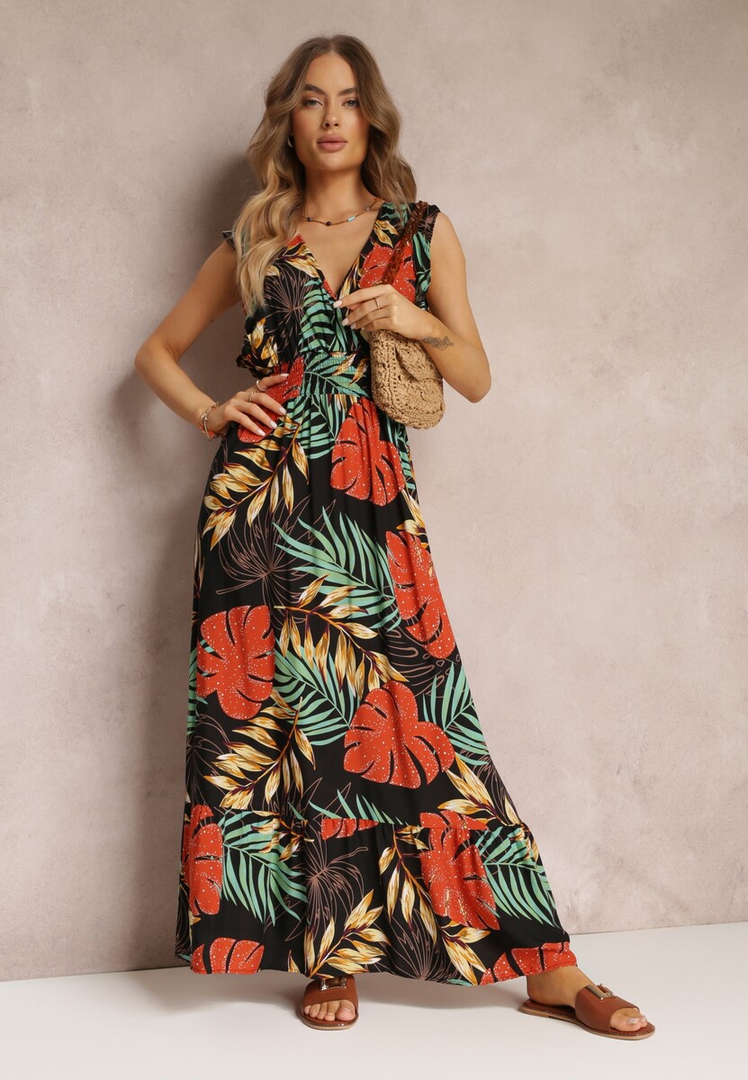 Czarna Kopertowa Sukienka Maxi z Wiskozy z Gumkami w Talii Leamone