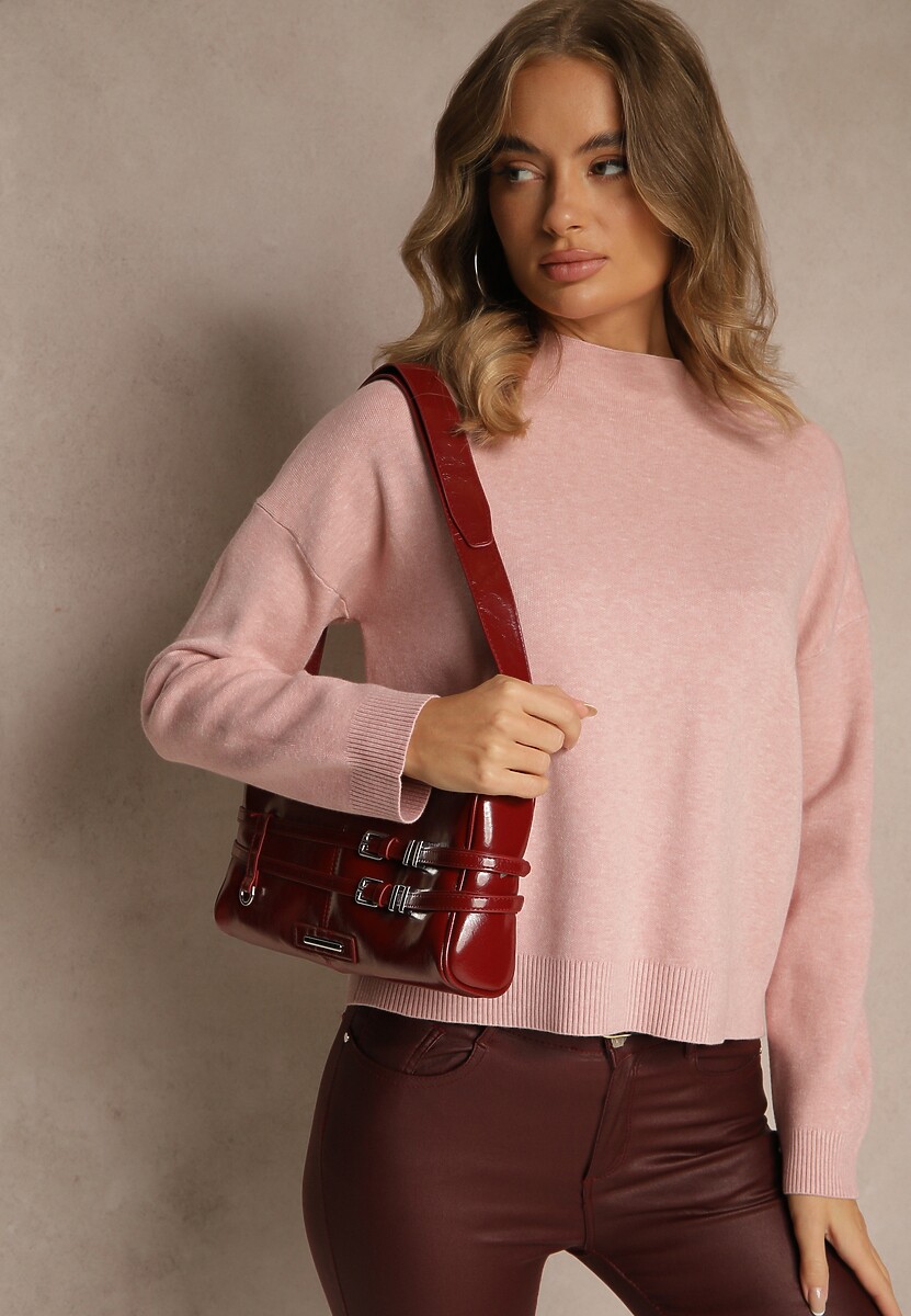 Różowy Pudełkowy Sweter z Półgolfem o Gładkim Wykończeniu Unala