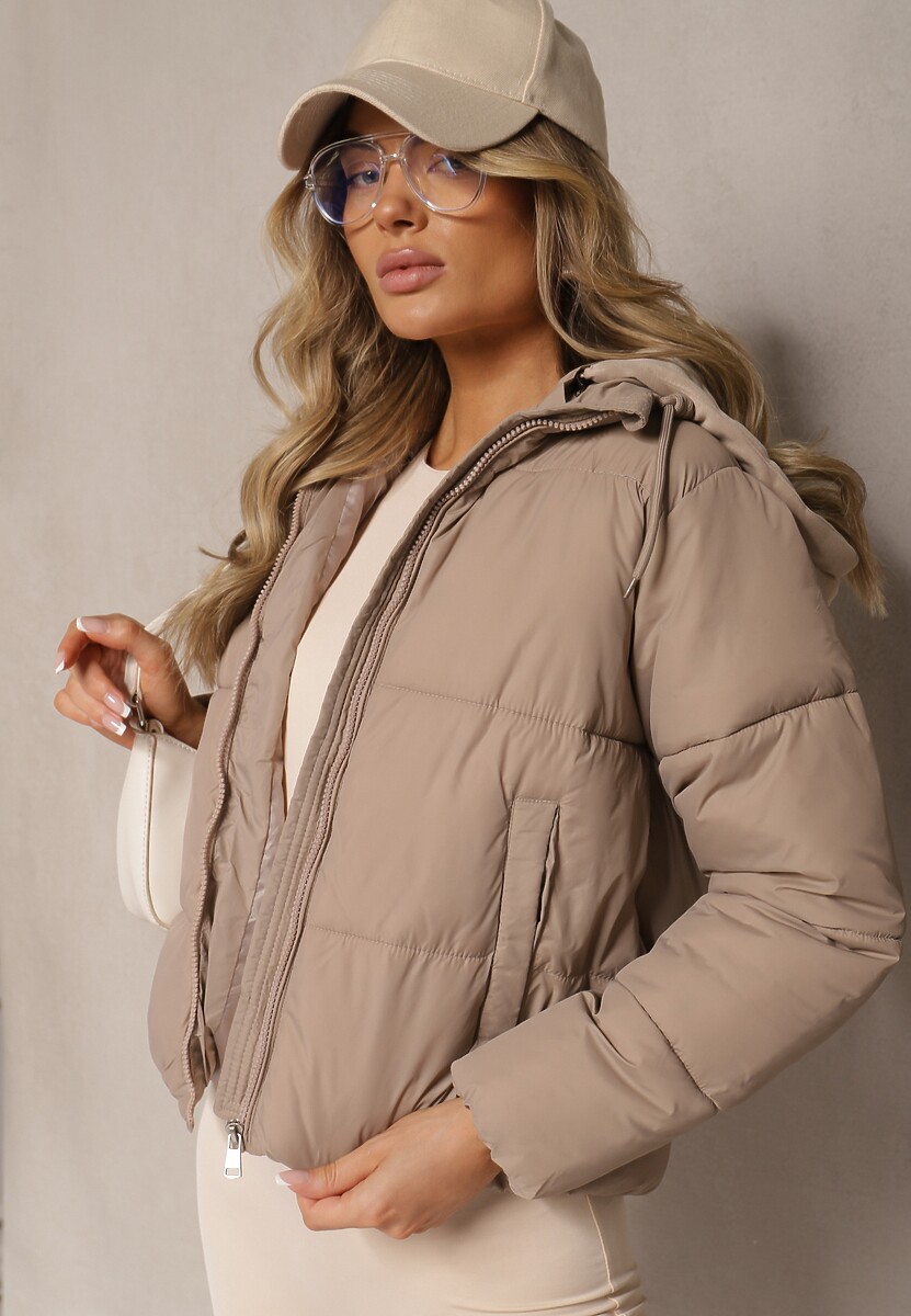 Jasnobeżowa Kurtka Pikowana Wykończona Kapturem Aviatoria