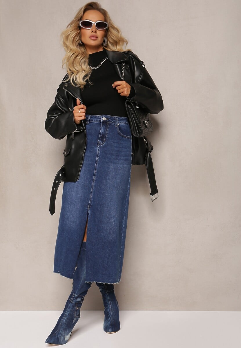 Niebieska Spódnica Maxi z Rozcięciem z Jeansu Vonuline