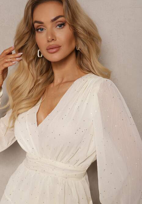 Jasnobeżowa Rozkloszowana Sukienka Mini z Metalicznym Nadrukiem i Falbankami Enrilea