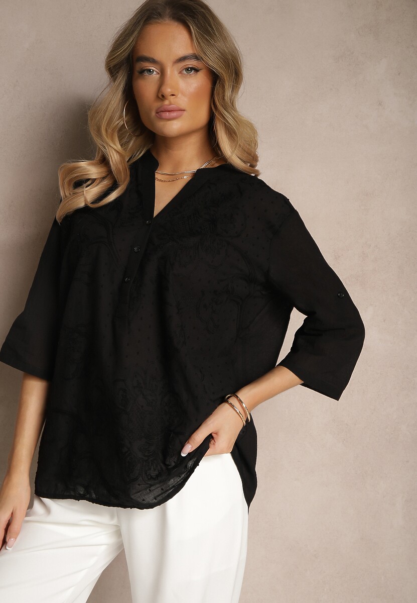 Zielona Bawełniana Koszula Ozdobiona Haftem i Regulowanymi Rękawami Aranovia