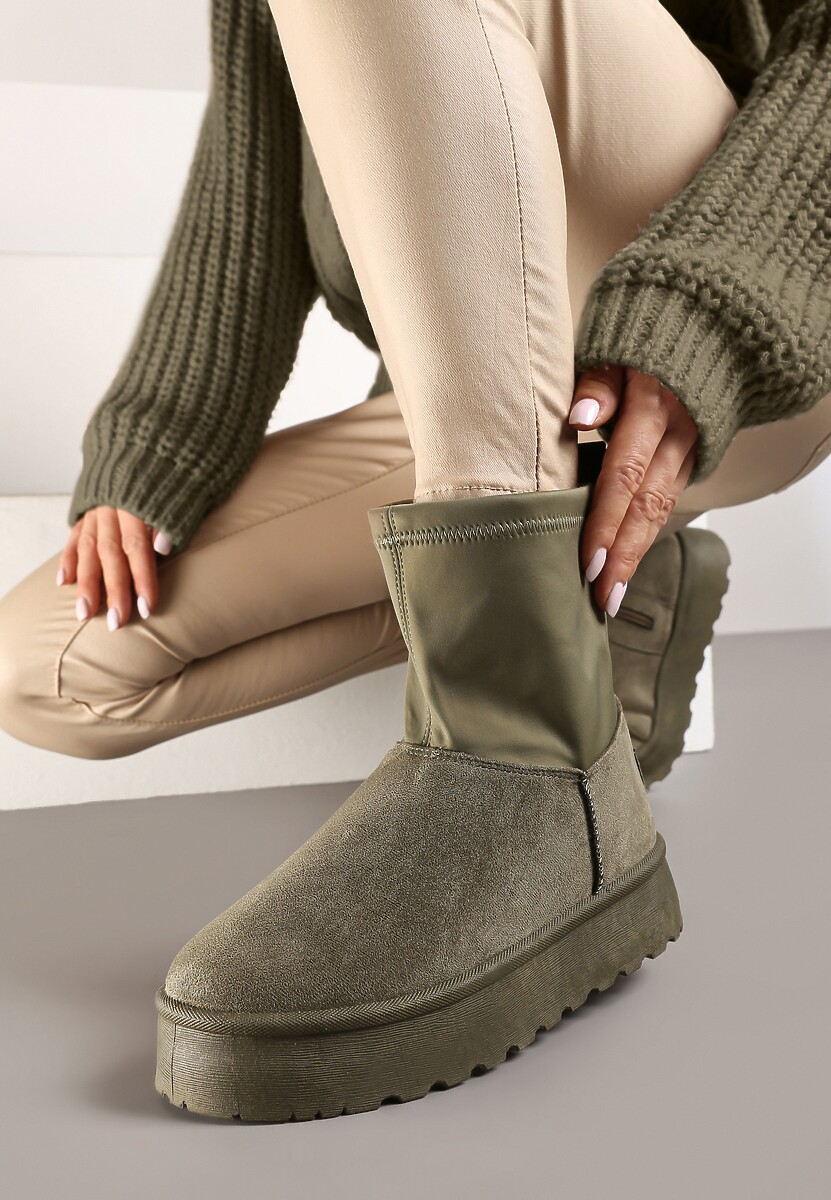 Zielone Płaskie Ocieplane Śniegowce z Elastyczną Cholewką Sevidia