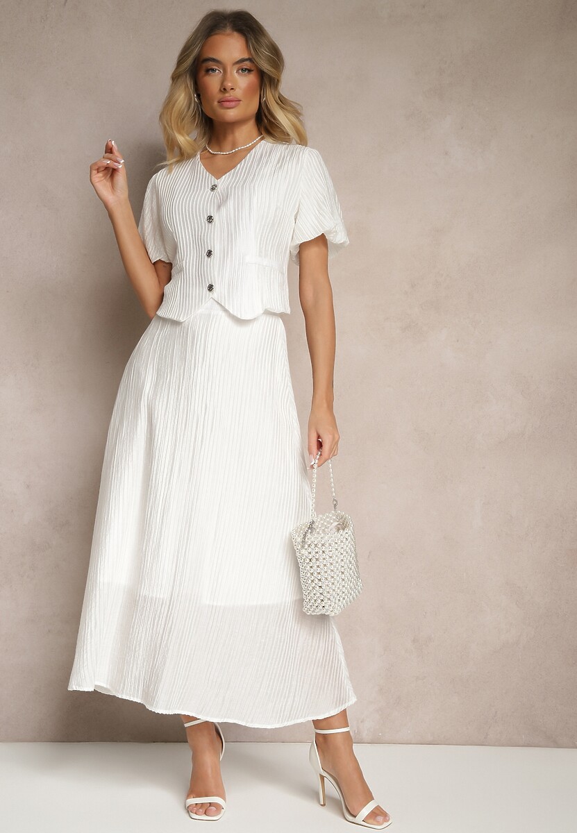 Biały Komplet z Wiskozy Koszula i Spódnica o Rozkloszowanym Kroju Nanorela