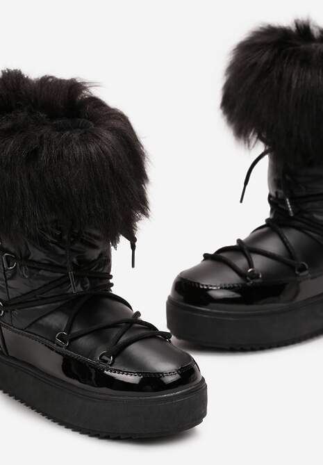 Czarne Sznurowane Śniegowce z Ozdobną Tasiemką z Napisem i Sztucznym Futerkiem Uwenia