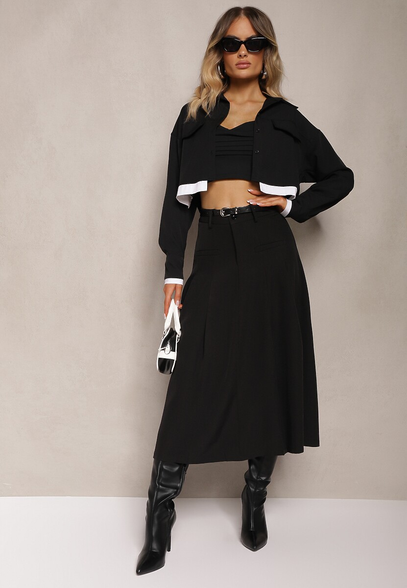 Czarna Spódnica o Rozkloszowanym Kroju High Waist z Paskiem i Imitacją Kieszeni Rivivia