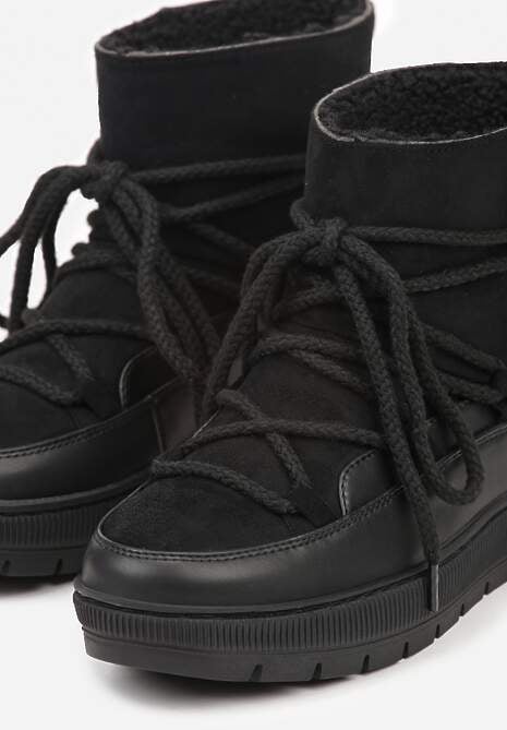 Czarne Sznurowane Śniegowce ze Wsuwaną Cholewką i Futerkiem Typu Baranek Mevirania