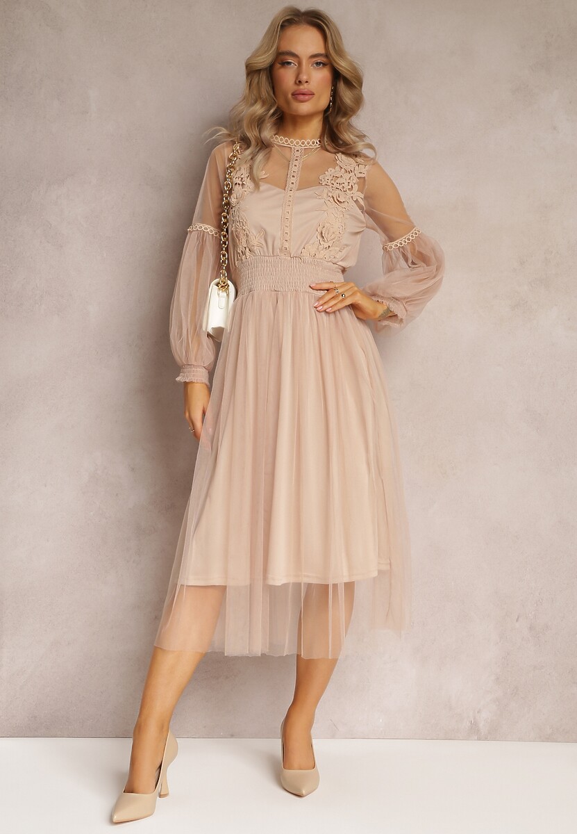 Beżowa Tiulowa Sukienka Rozkloszowana z Koronką Nirthe