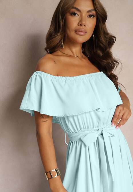 Miętowa Sukienka z Hiszpańskim Dekoltem i Dodatkiem Bawełny z Gumką i Paskiem w Talii Vimasine