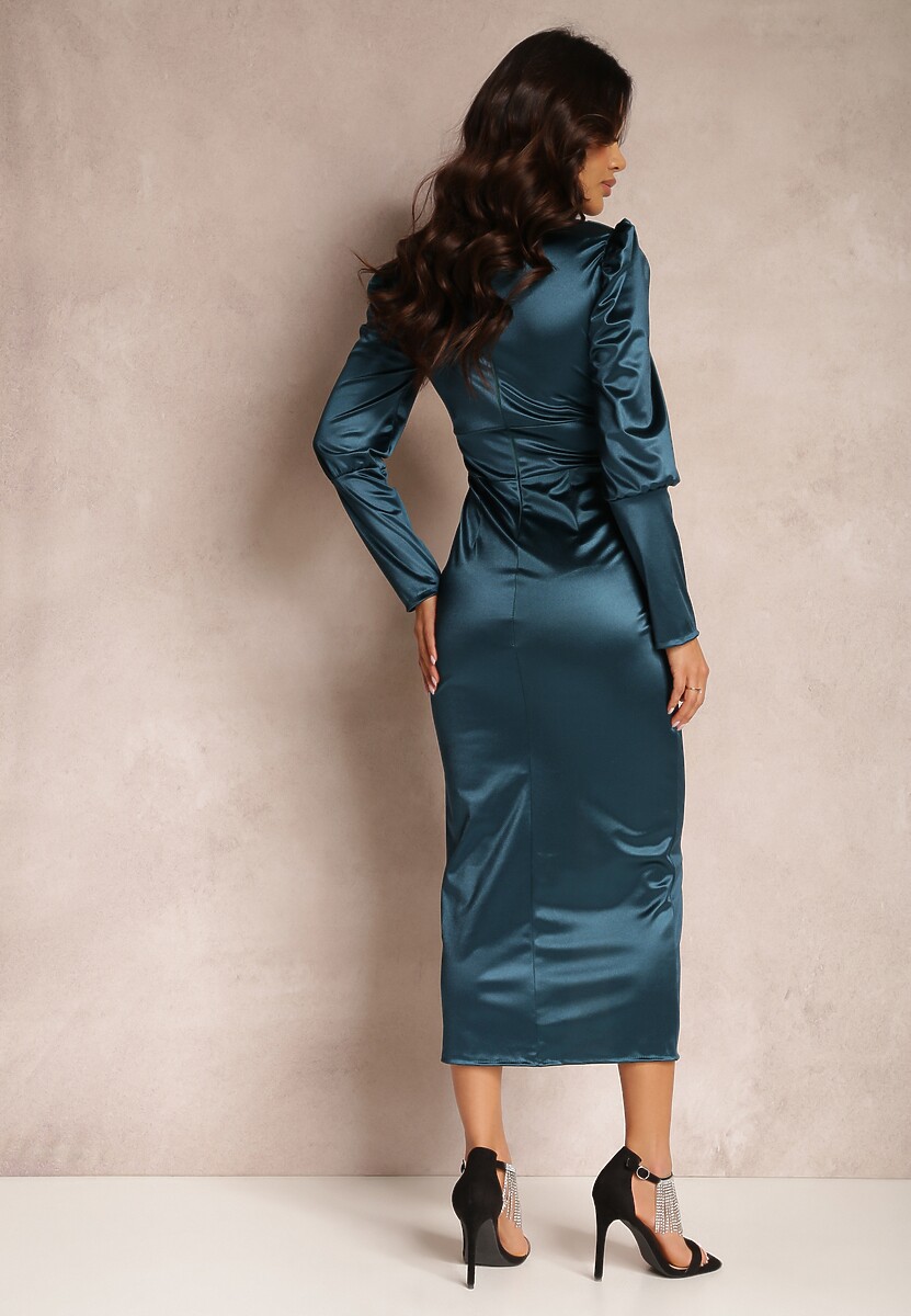 Ciemnozielona Sukienka Kopertowa z Rozcięciem i Marszczeniem Eldragi