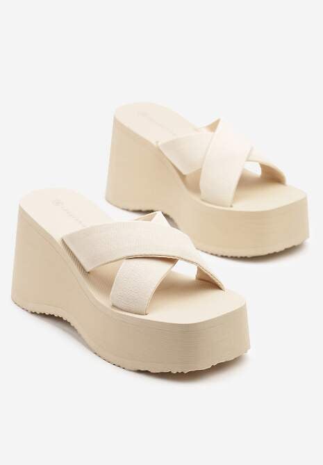 Beżowe Klapki na Koturnie z Paskami w Kształcie X Janiffia