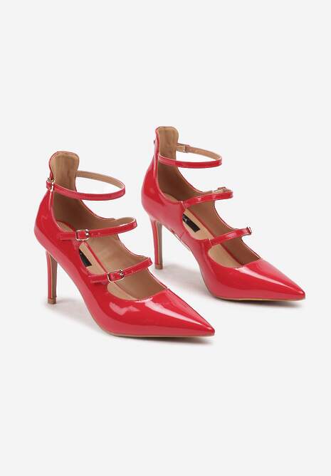 Czerwone Szpilki Lakierowane Ozdobione Paskami ze Sprzączkami Armiela